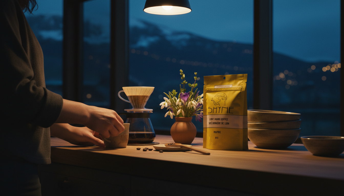 Cozy kitchen scene with mushroom coffee preparation, fresh spring flowers on counter