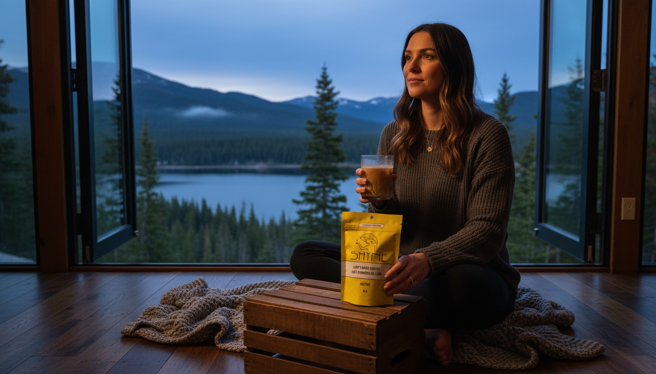 Outdoor spring scene with person enjoying iced mushroom coffee, natural daylight setting