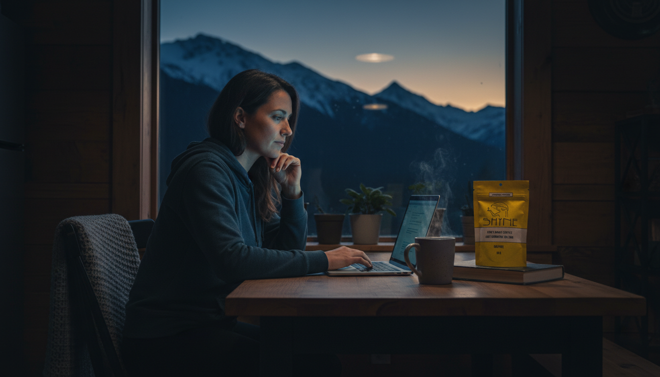 Person at kitchen table with laptop and mushroom coffee, soft Sunday morning light streaming through window