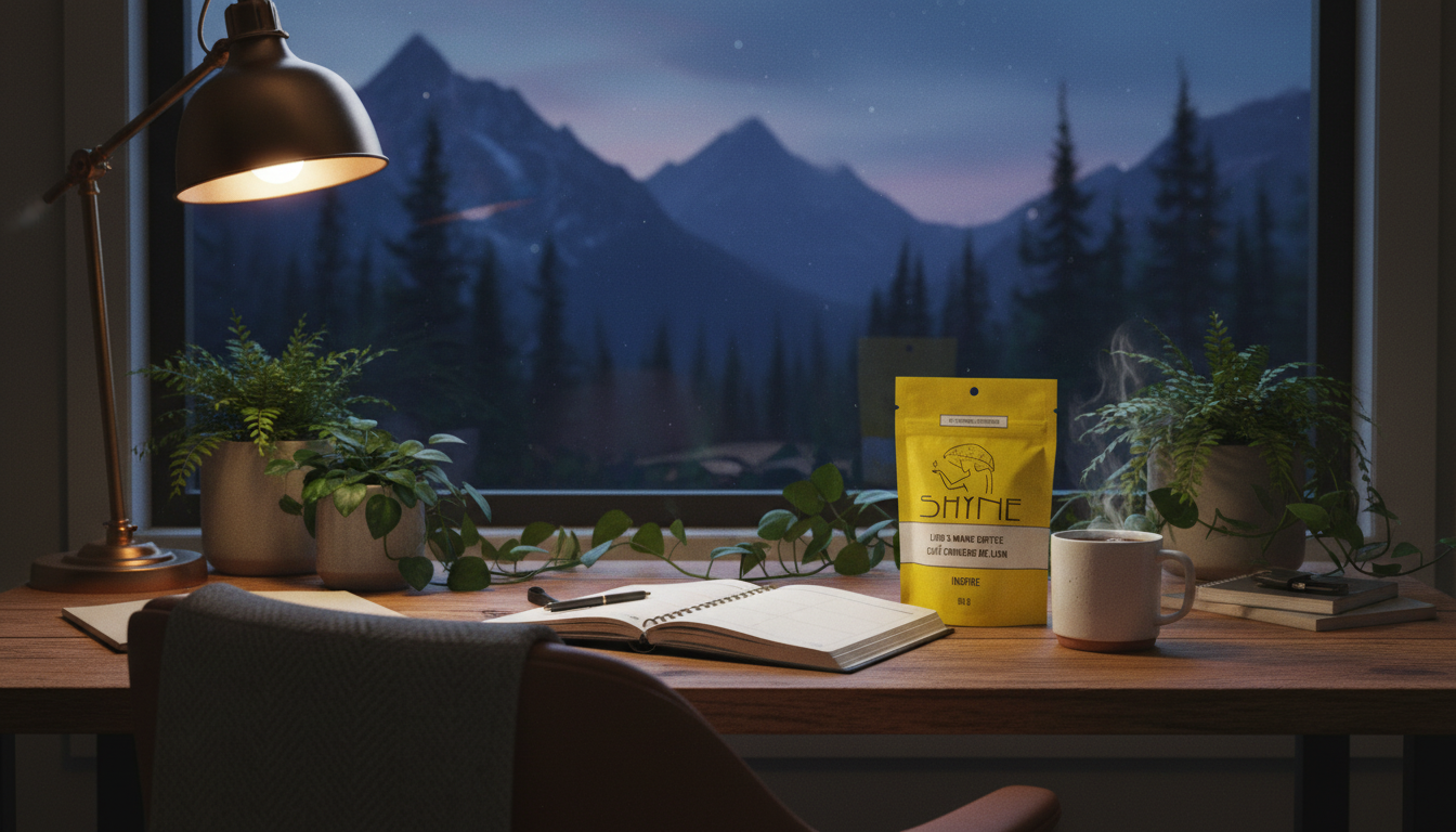 Cozy home office setup with mushroom coffee, planner, and plants creating a peaceful planning atmosphere