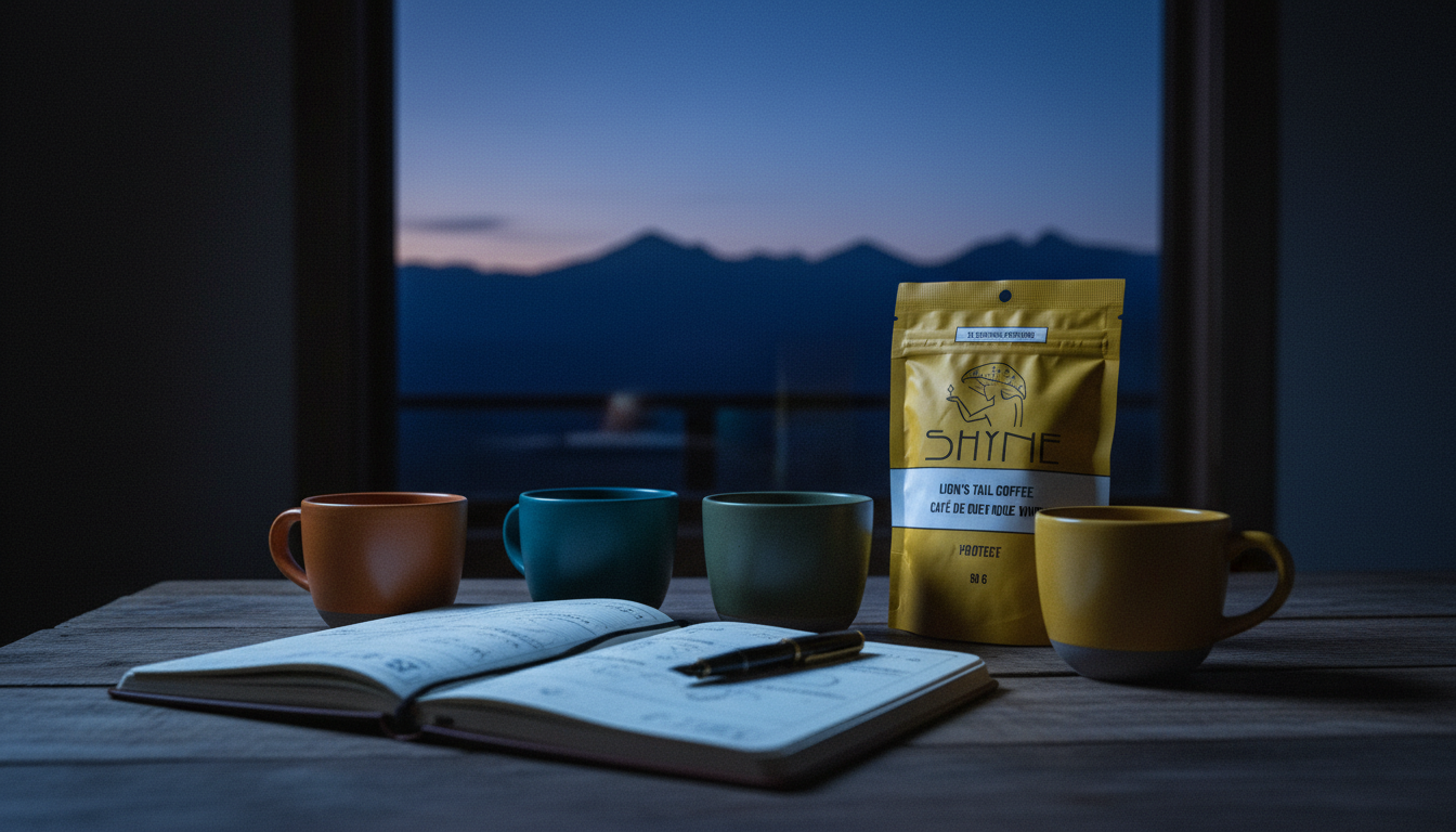 Three different mushroom coffee cups arranged on wooden table with notebook and pen, suggesting variety in weekly planning