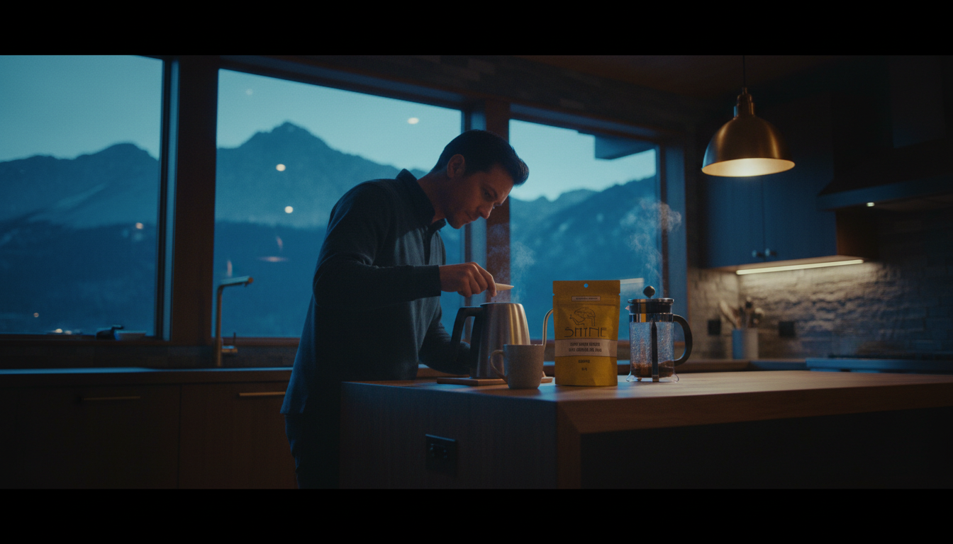 Person checking water temperature with thermometer while preparing mushroom coffee in modern kitchen, morning light