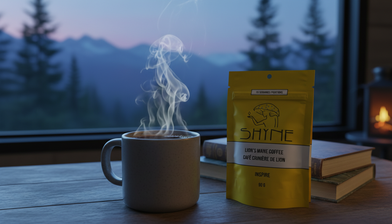 Close-up of perfectly brewed mushroom coffee with steam rising, showing rich colour and smooth texture