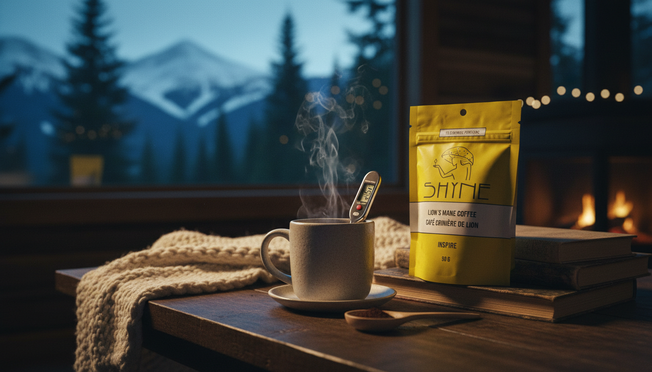 Cozy morning scene with perfectly prepared Shyne mushroom coffee, thermometer visible, soft natural lighting