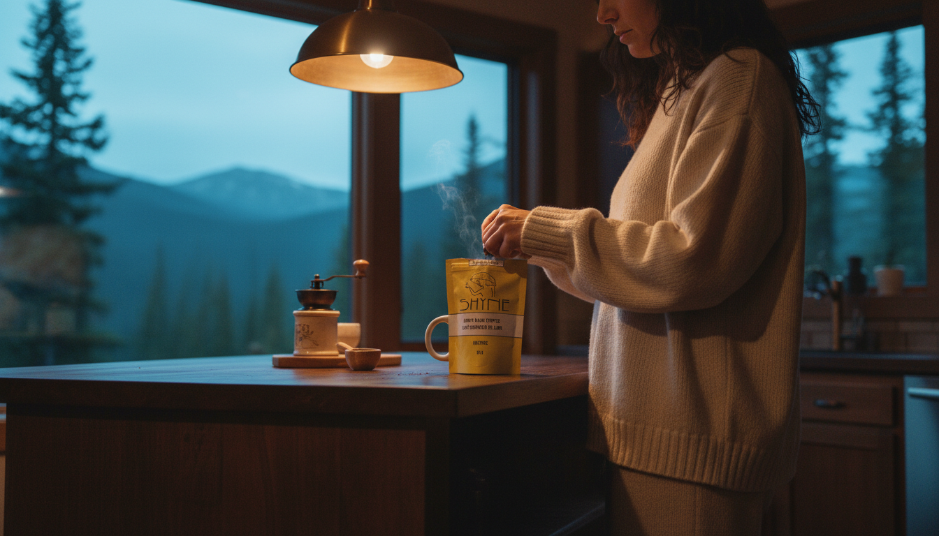 Person in cozy pyjamas preparing mushroom coffee in bright kitchen, soft morning sunlight
