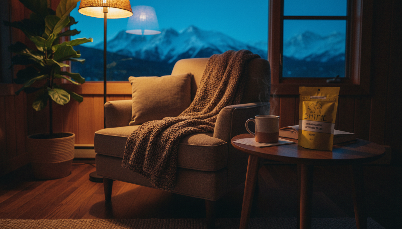 Cozy corner with mushroom coffee setup, natural lighting, comfortable reading nook