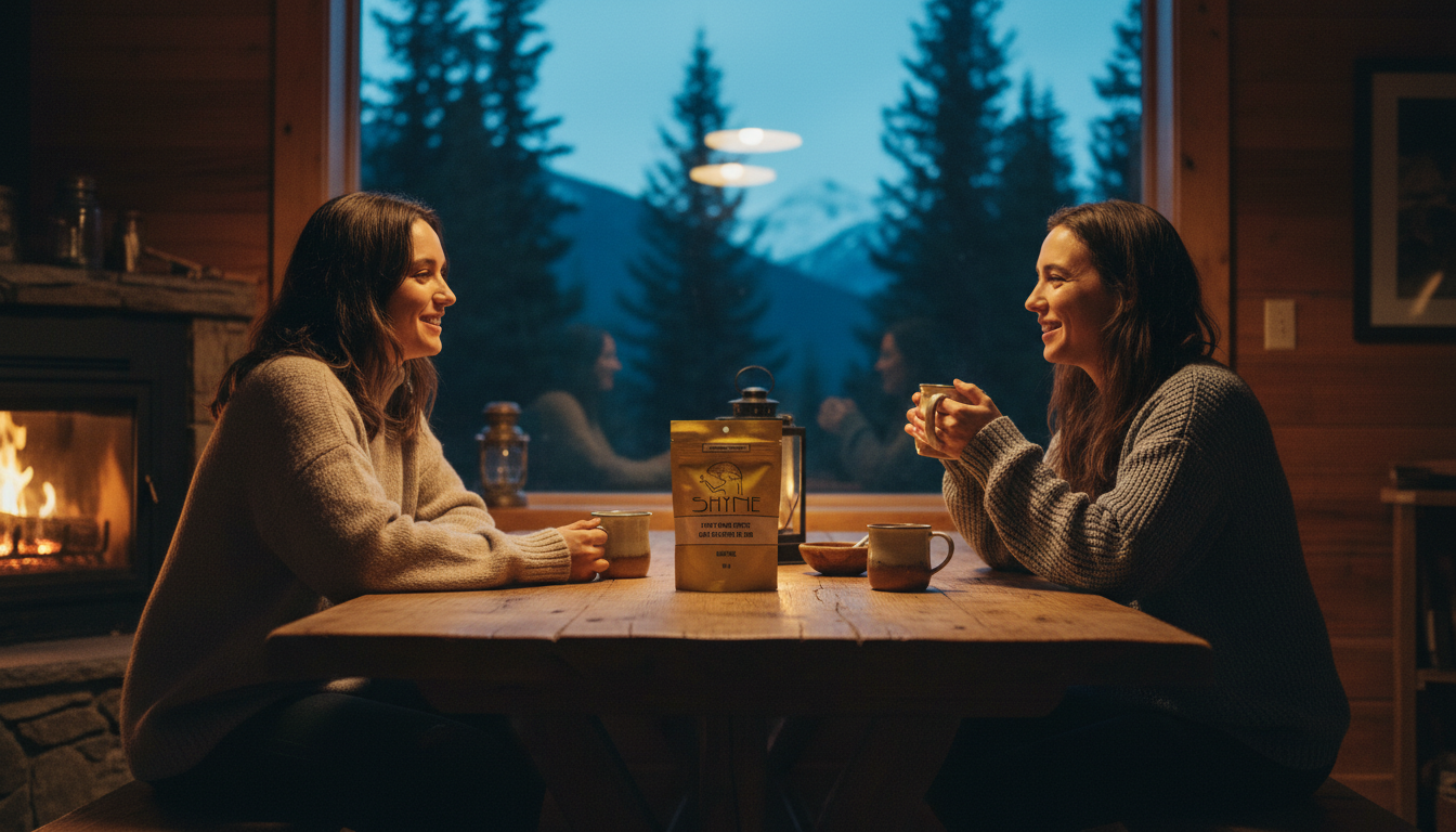 Two people sharing mushroom coffee at kitchen table, warm conversation, weekend morning atmosphere