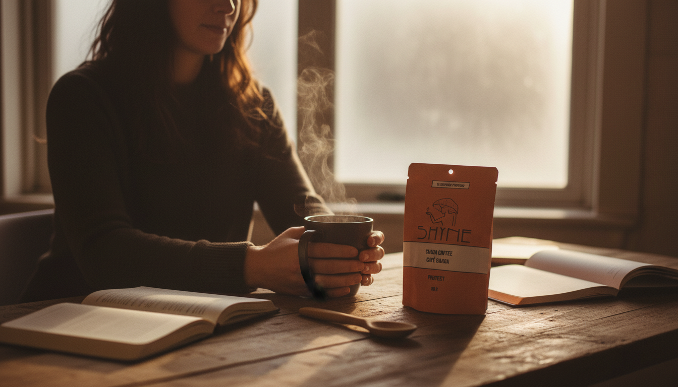 Person enjoying steaming mushroom coffee by a frosted window, cozy winter morning light