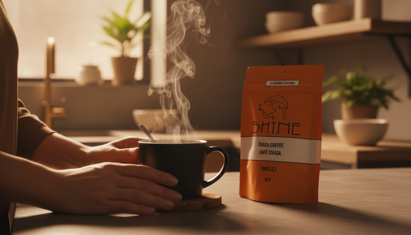 Close-up of Chaga coffee being prepared in a modern kitchen, warm steam rising from the cup