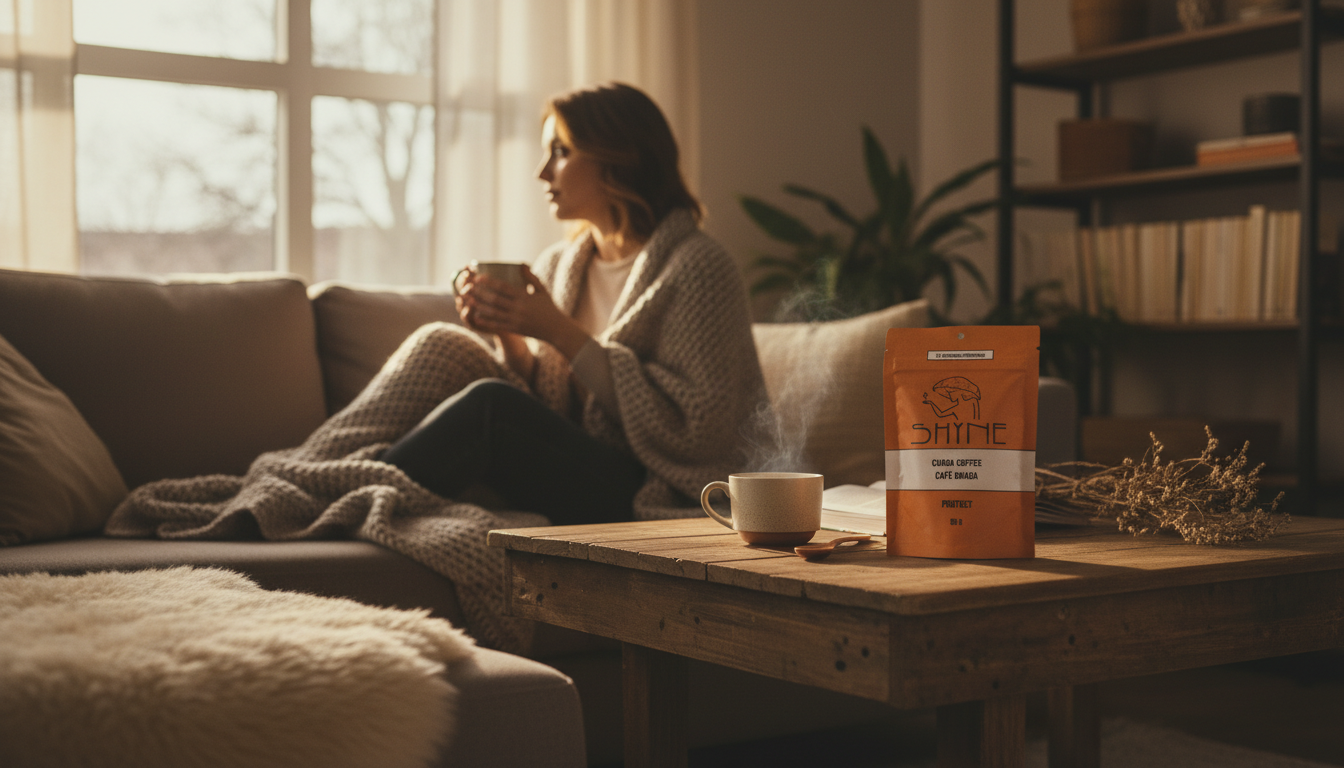 Cozy living room scene with person relaxing with Shyne mushroom coffee, soft winter lighting through window
